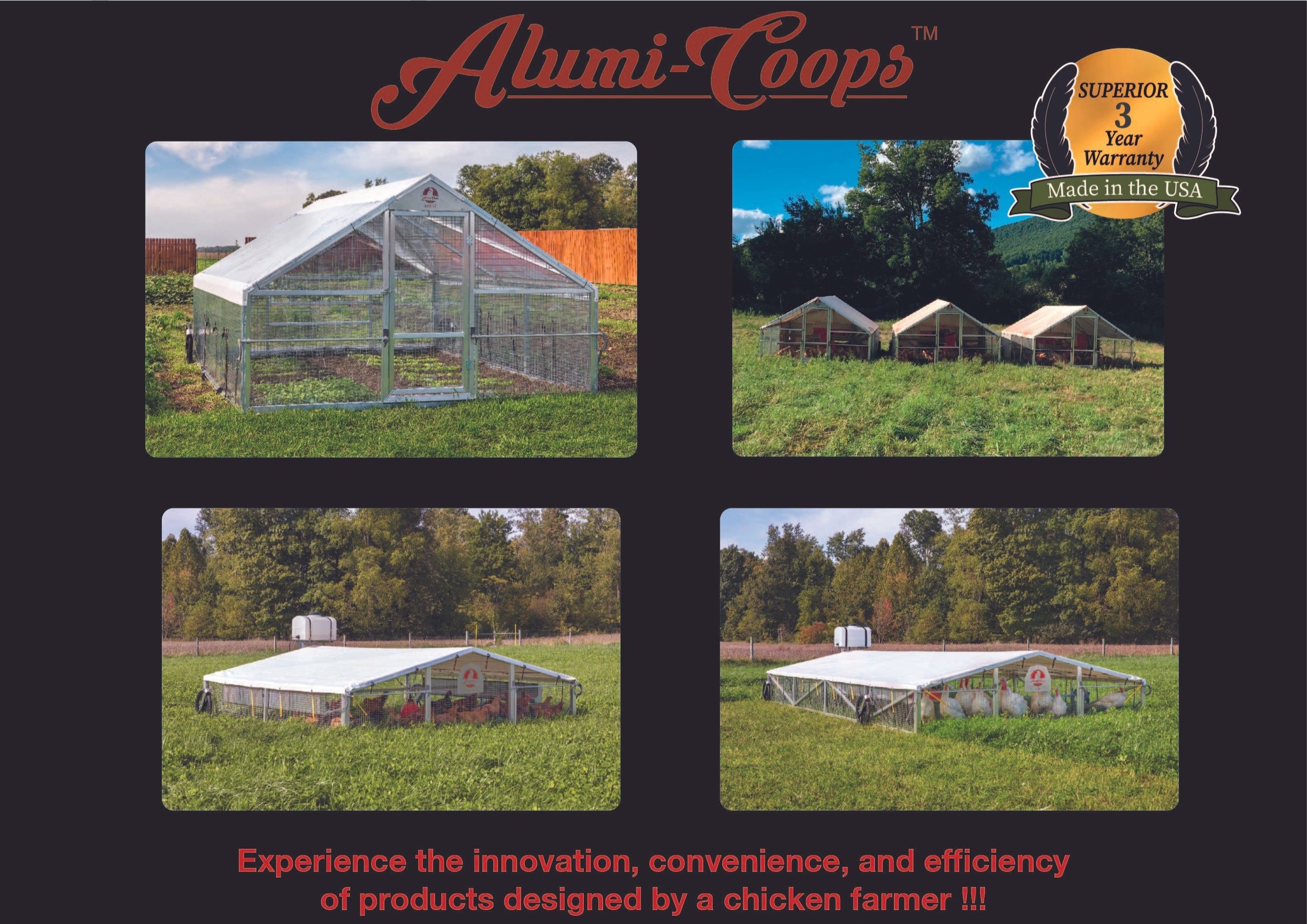 Image showcasing Alumi-Coops, featuring four different chicken coops in various outdoor settings. Each coop is designed for durability and efficiency, highlighting the product's superior three-year warranty and American-made quality.