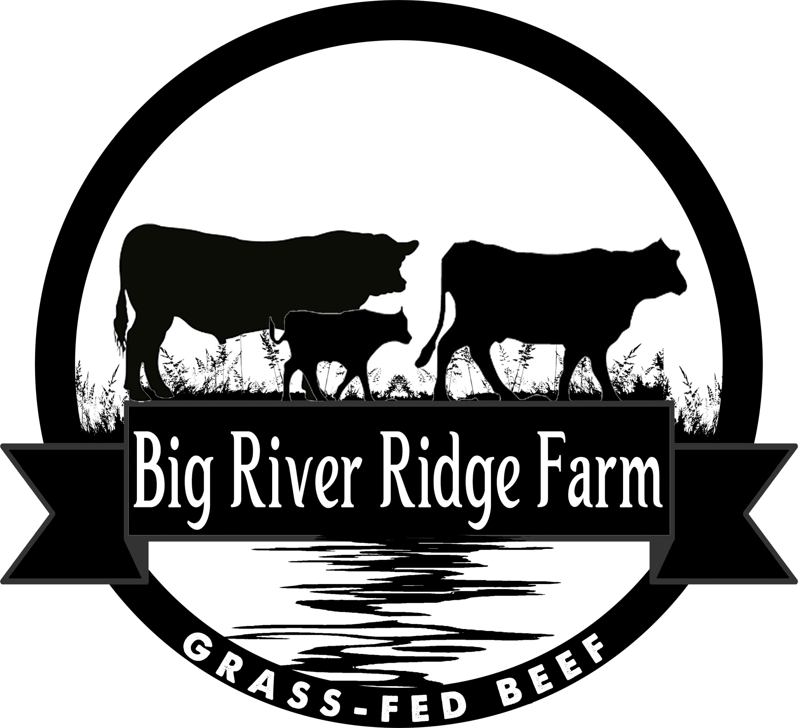 Logo of Big River Ridge Farm featuring silhouettes of cows and a calf, emphasizing grass-fed beef products. The design includes a circular background with a river reflection, highlighting the farm's commitment to sustainable farming practices.